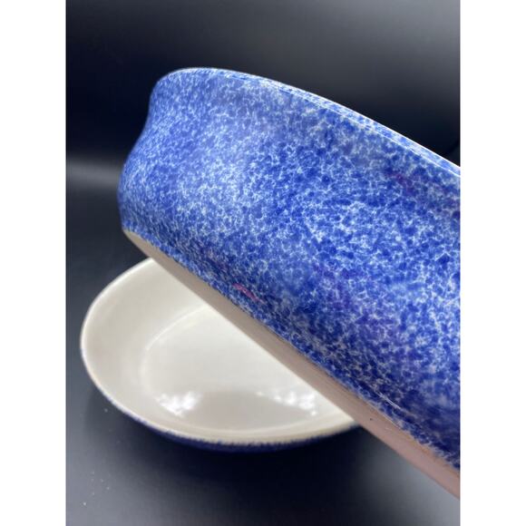 VTG ceramic serving dish bowl Blue Large Spongeware heavy stoneware - Picture 4 of 5